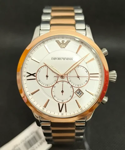 Reloj Emporio Armani AR11209 cronógrafo hombre, caja de acero inoxidable en oro rosa y esfera blanca