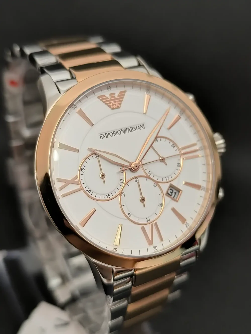 Reloj Emporio Armani AR11209 cronógrafo hombre, caja de acero inoxidable en oro rosa y esfera blanca