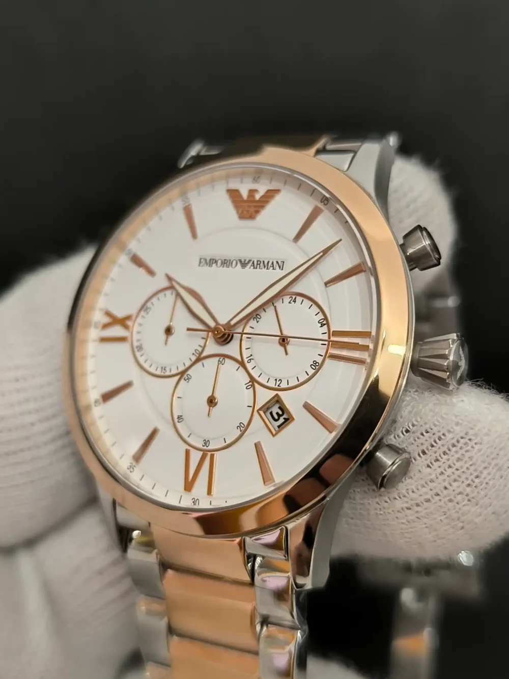 Reloj Emporio Armani AR11209 cronógrafo hombre, caja de acero inoxidable en oro rosa y esfera blanca