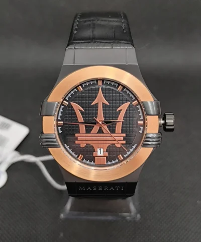 Reloj Maserati Potenza R8851108032 hombre, caja de acero inoxidable en oro rosa y correa de piel negra.