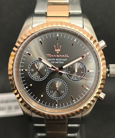 Reloj Maserati Competizion R8853100020 hombre caja de 43 milímetros bisel en oro rosa y correa bicolor.
